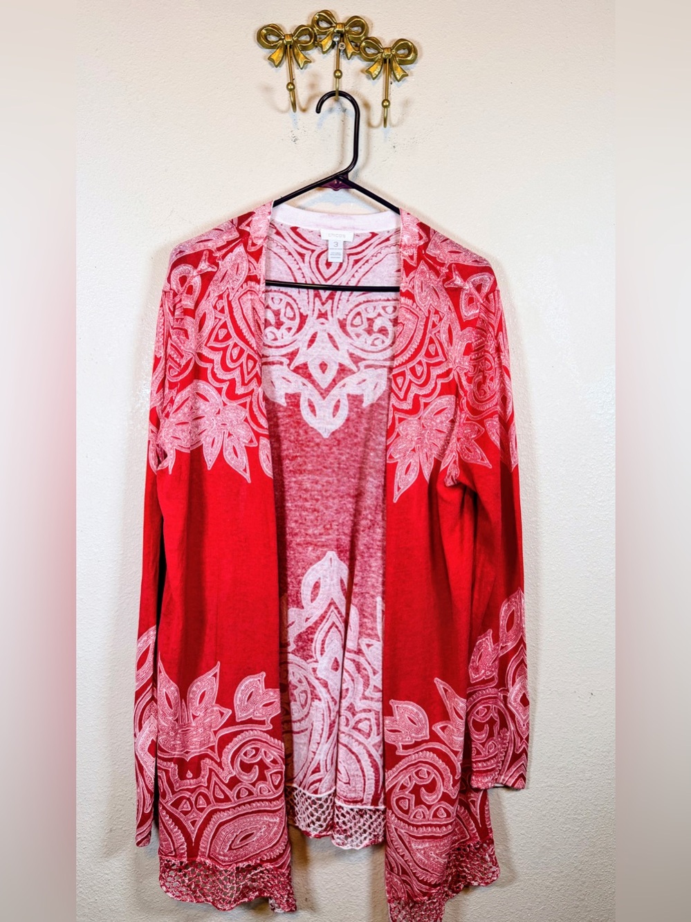 Chico's Red and Cream Open-Front Patterned Cardigan. Size XL
